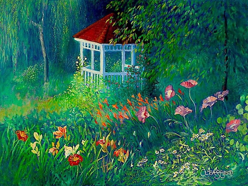 Summer Gazebo, lillies, poppies, painting, flowers, blossoms, garden, artwork, HD wallpaper