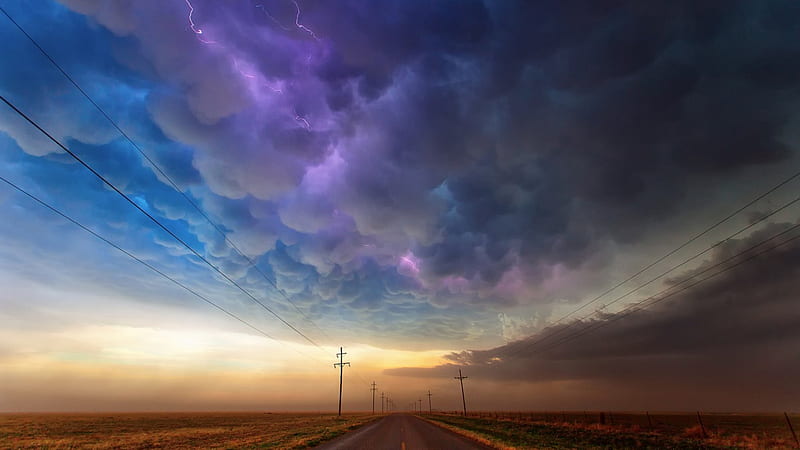 spectacular lightning storm over a texas road r, lightning, poles, prairie, r, road, clouds, sky, storm, HD wallpaper