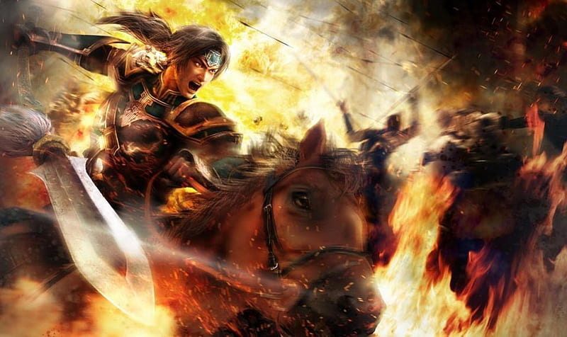 Zhao Yun, games, video games, horse, dynasty warriors, arrows, armor, fire, warrior, battle, flames, spear, weapon, armour, HD wallpaper