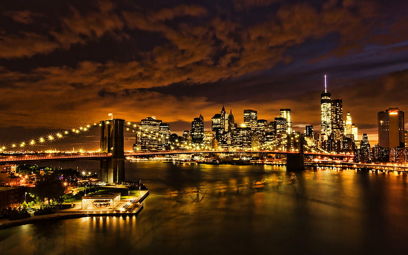 New York at night, Brooklyn Bridgeь Manhattan, american cities, nightscapes, NYC, New York from above, skyscrapers, New York, USA, Cities of New York, America, HD wallpaper