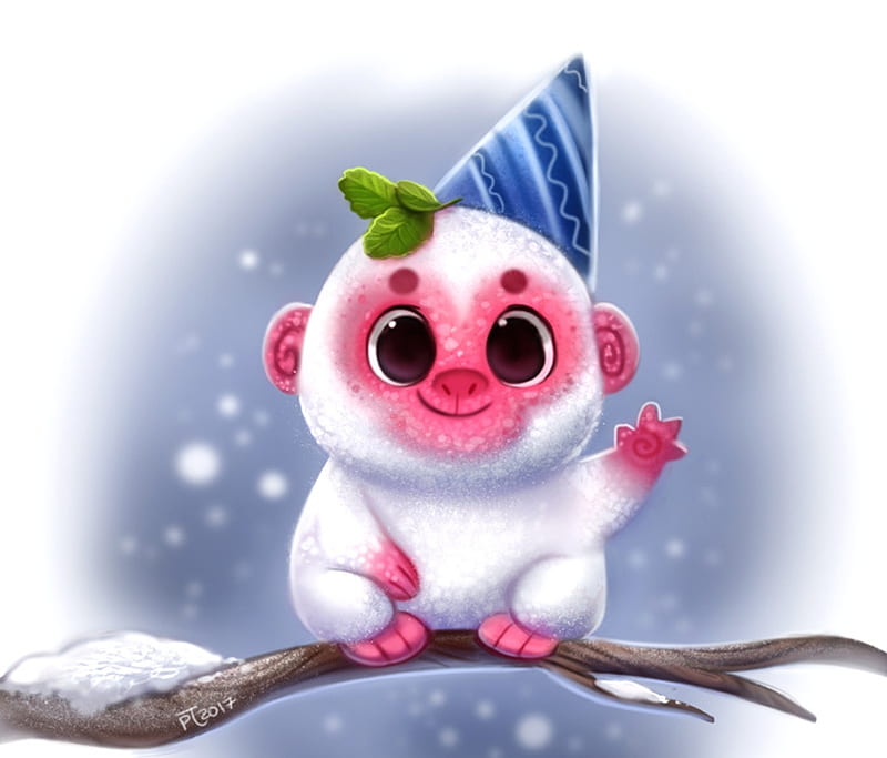 Snowcone Monkey, fantasy, snow, piper thibodeau, pink, winter, iarna, blue, maimuta, monkey, cute, HD wallpaper