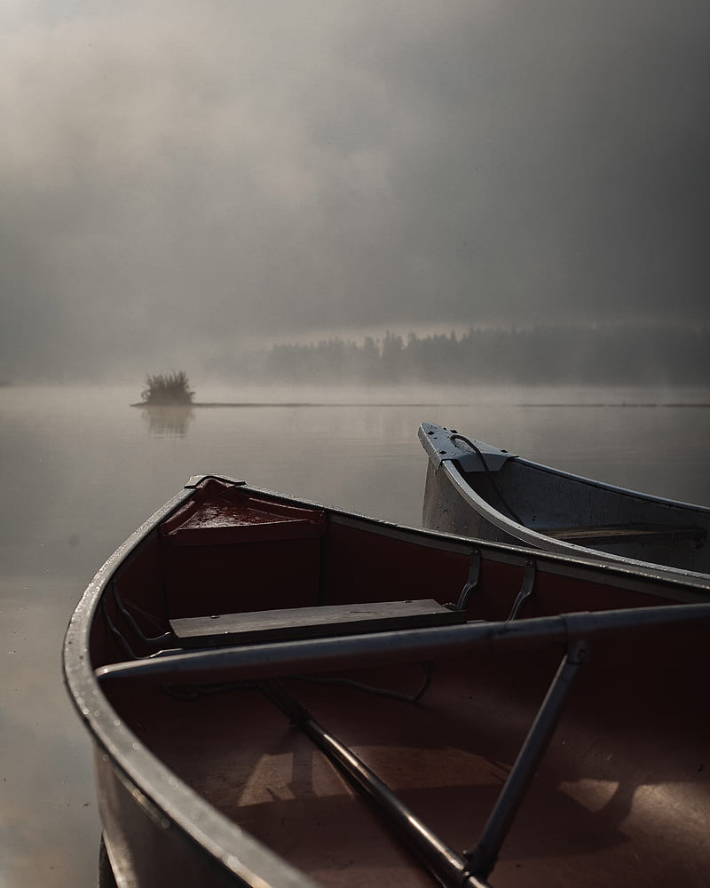 boats, fog, river, evening, HD phone wallpaper