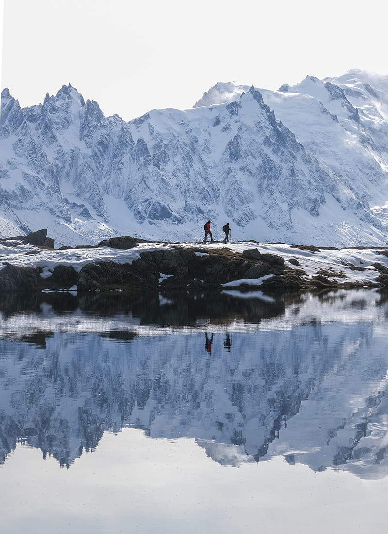 lake, mountain, snow, people, travel, nature, HD phone wallpaper