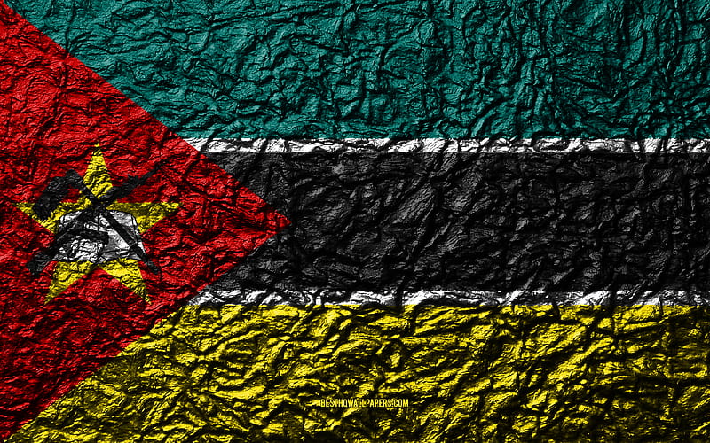 Flag of Mozambique stone texture, waves texture, Mozambique flag, national symbol, Mozambique, Africa, stone background, HD wallpaper