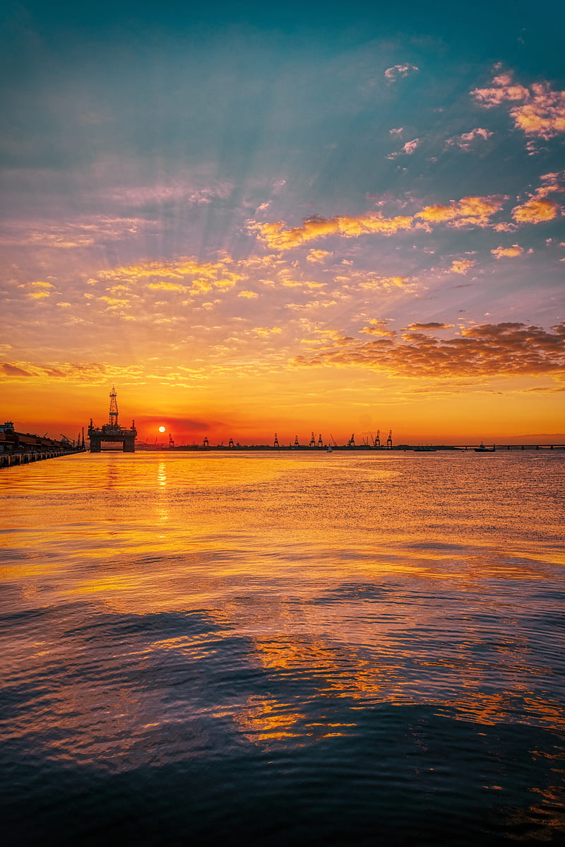 sunset, horizon, water surface, pier, HD phone wallpaper