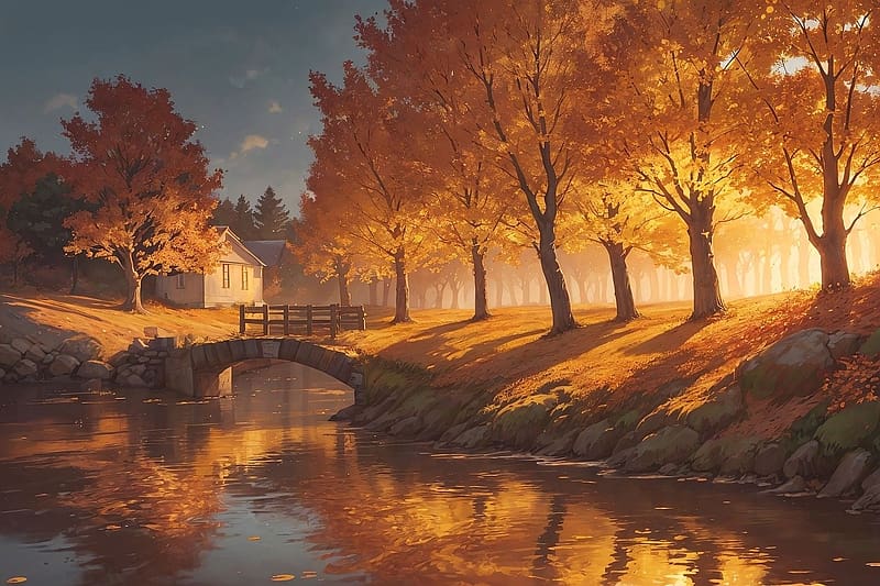 Autumn landscape, osz, tajkep, haz, arany sarga, arany feny, folyo, fak, napsugarak, HD wallpaper