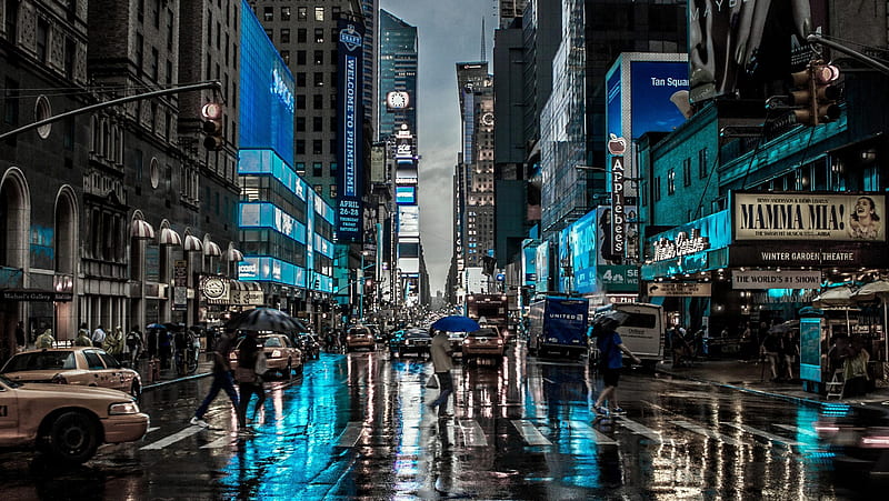 City, blue, new, new york, night, rain, square, street, time, times, HD wallpaper