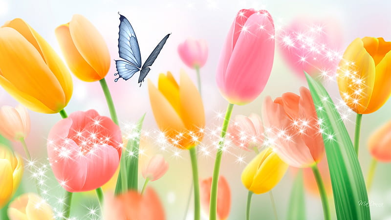 Tulips Bright, stars, shine, firefox persona, pastels, spring, sparkles, butterfly, flowers, tulips, light, HD wallpaper