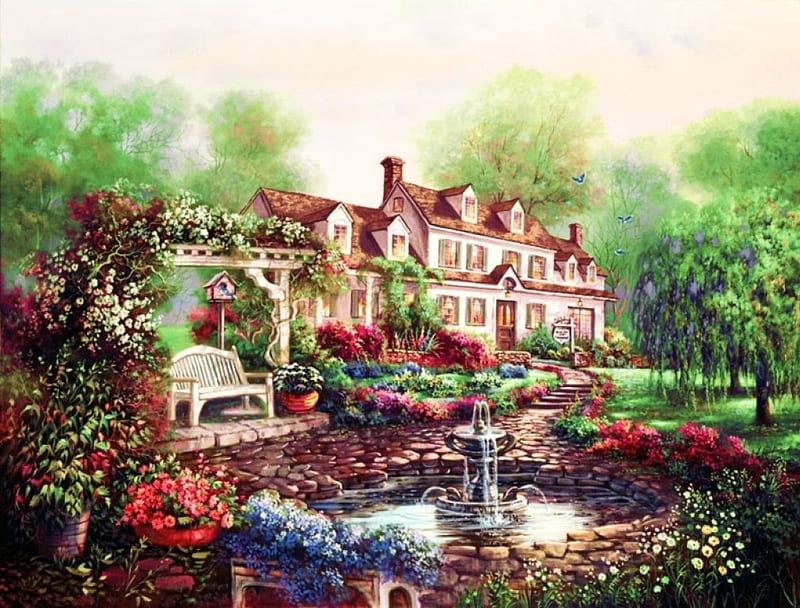 Countryside Manor, fountain, house, painting, flowers, bench, park, artwork, HD wallpaper