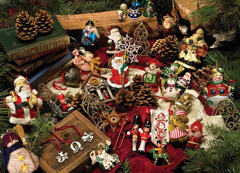 Christmas Time, ornaments, santa, bears, artwork, gifts, figures, HD wallpaper
