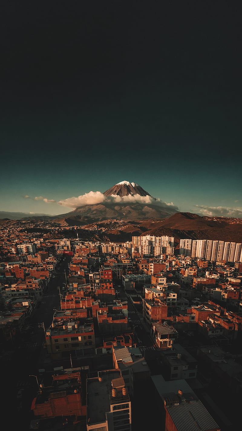 mountain, city, settlement, landscape, clouds, HD phone wallpaper