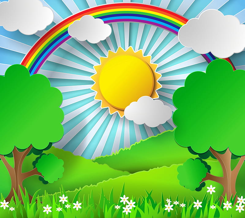 Sunny Day, drawing, rainbow, sun, trees, HD wallpaper