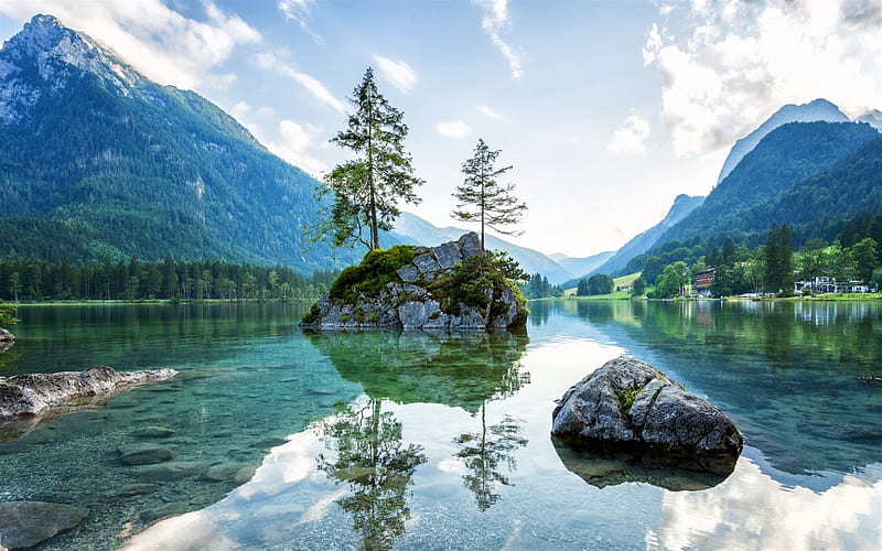 Alps, mountains, Ramsauer Ache, Lake Hintersee, Ramsau, Bavaria, Germany, HD wallpaper