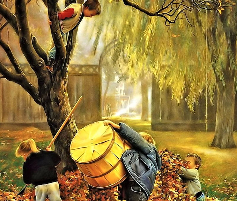 Children in Autumn, Leves, Art, Autumn, Children, HD wallpaper