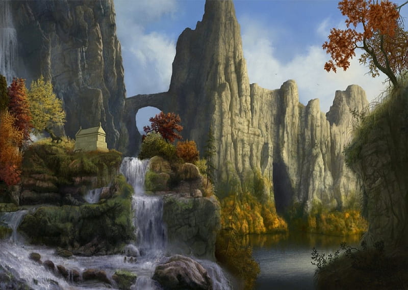 Final Resting Spot, autumn, mountains, river, crypt, waterfalls, HD wallpaper