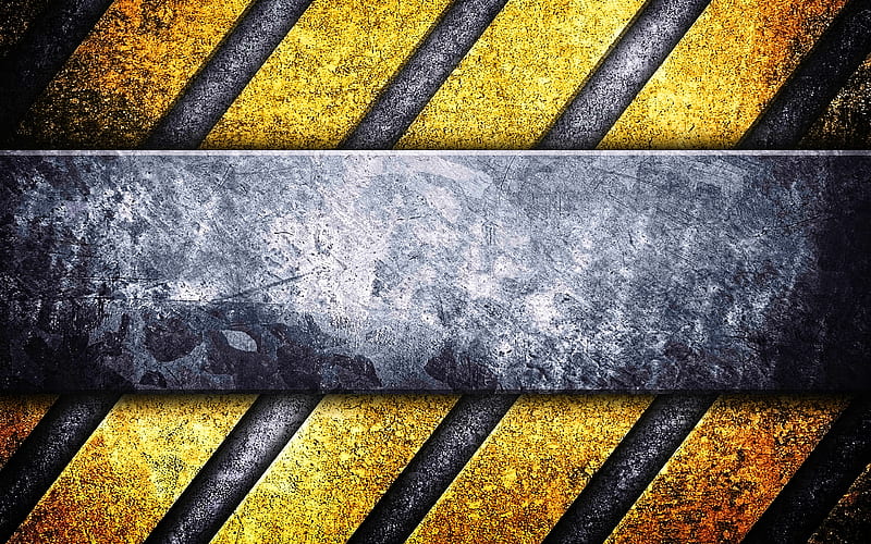 diagonal caution lines, , grunge backgrounds, steel plates, warning backgrounds, construction stripes, yellow metal background, yellow lines, caution strips, warning tapes, metal textures, HD wallpaper