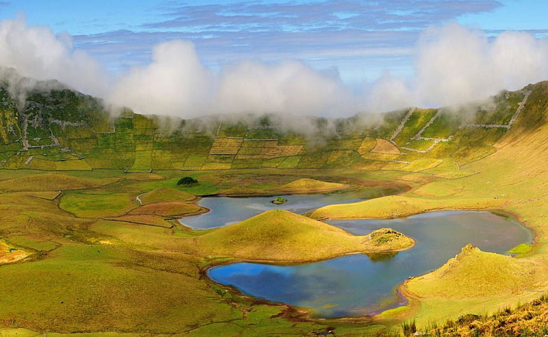 Volcanic Crater, Corvo Island, Portugal, yellow, patchwork, clouds, volcano, mountain, green, blue, crater, sky, lake, pond, daylight, water, volcanoic, day, nature, landscape, HD wallpaper