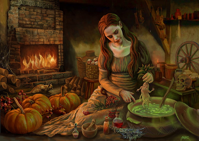 Witch, cauldron, fantasy, gorgeous, girl, anita myakisheva, frumusete, halloween, superb, pumpkin, belladona, HD wallpaper