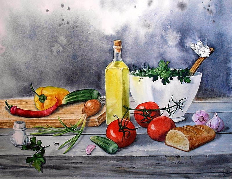 Valentine Salad Valevskaya Future, art, tomato, food, bread, painting, HD wallpaper