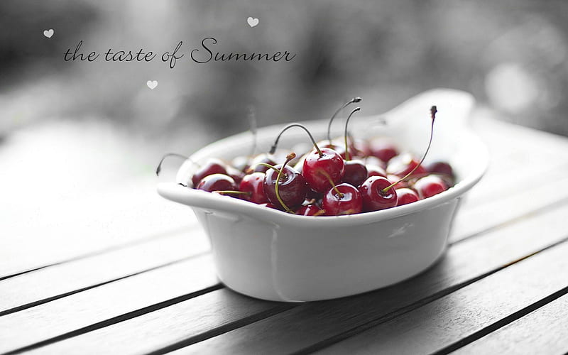 ... the taste of Summer, text, fruits, cherries, black and white, words, gingerbread-heart, fruit, taste, heart, summer, bowl, HD wallpaper
