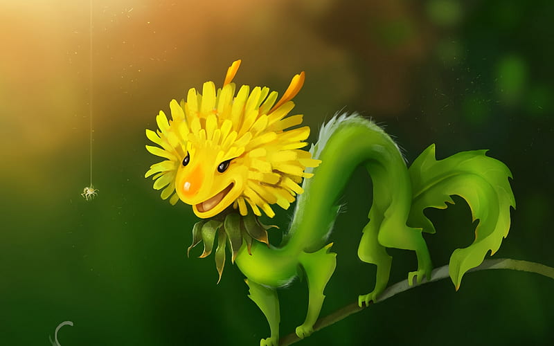 Flower dragon, fantasy, luminos, green, julia carhven, yellow, flower, spider, dragon, HD wallpaper