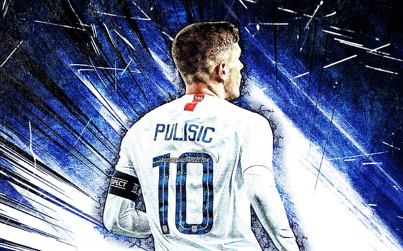 Christian Pulisic, grunge art, back view, USA National Team, soccer, Christian Mate Pulisic, footballers, blue abstract rays, Christian Pulisic , American soccer team, HD wallpaper