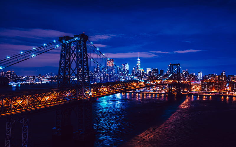 Brooklyn Bridge blue illumination, nghtscapes, New York, Manhattan, America, USA, HD wallpaper