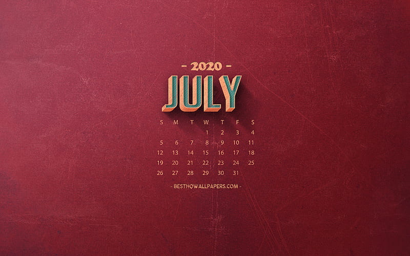 2020 July Calendar, red retro background, 2020 summer calendars, July 2020 Calendar, retro art, 2020 calendars, July, HD wallpaper