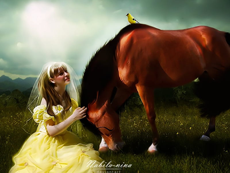 Stay With Me, fantasy, yellow, horse, lady, stay, HD wallpaper
