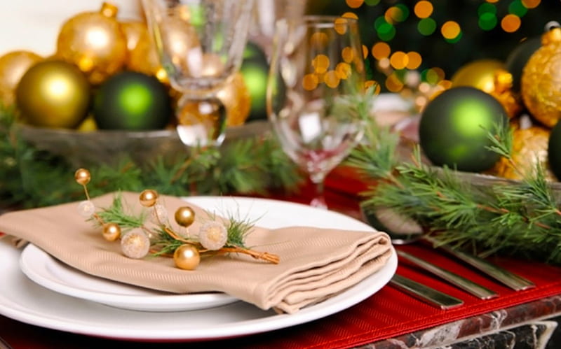Christmas table, table, holidays, balls, christmas, decoration, eve, HD ...