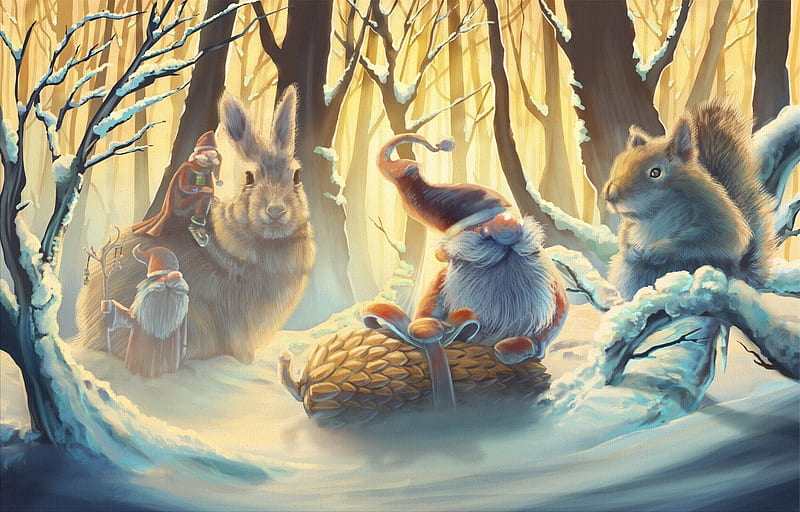 Enchanted forest, forest, frumusete, rabbit, squirrel, elf, gnome, yellow, man, iarna, animal, fantasy, tree, snow, bunny, dwarf, miku huttunen, HD wallpaper