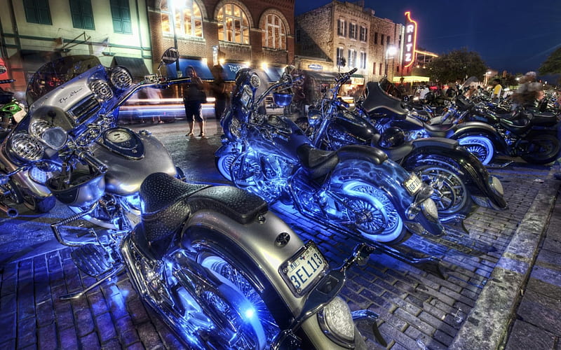 a harleyfest on 6th street r, city, row, motorcycles, neon, r, street, lights, night, HD wallpaper