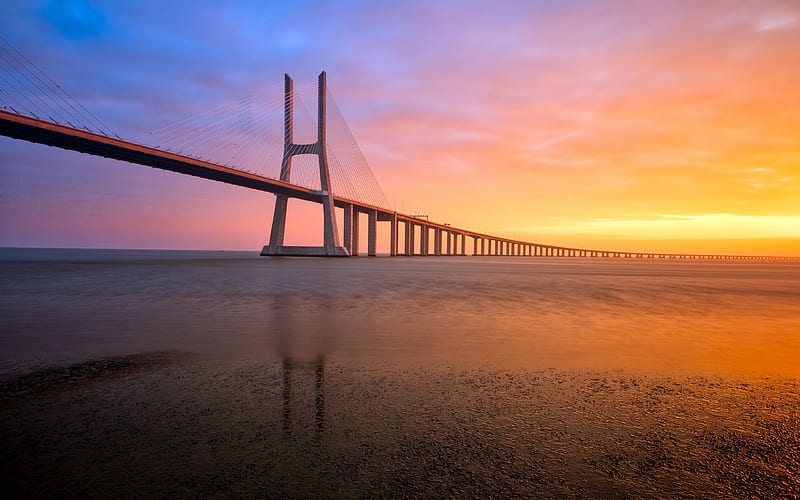 Vasco da Gama Bridge, sea, sunset, summer, Lisbon, Portugal, Europe, HD wallpaper