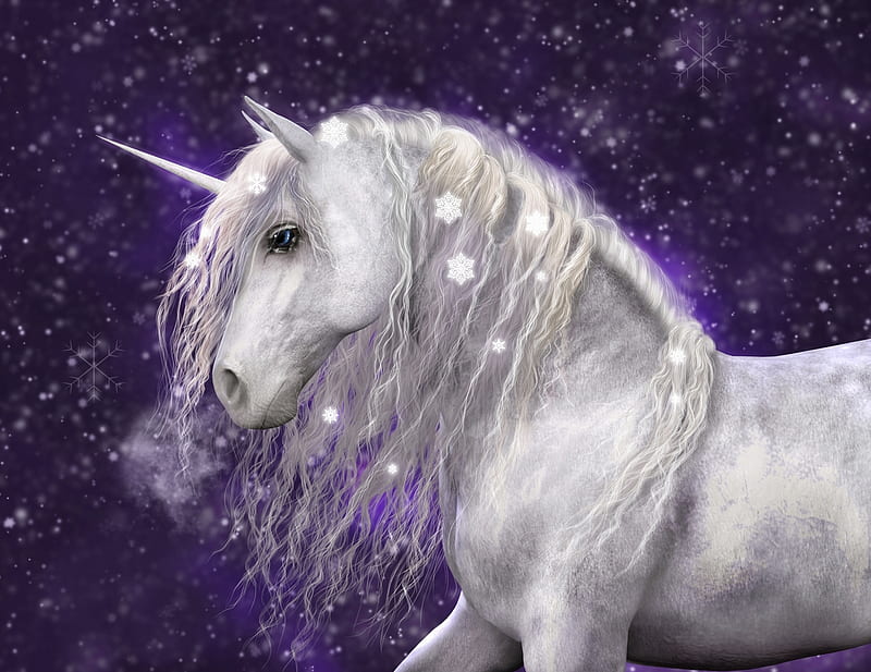 Winter unicorn, fantasy, purple, luminos, unicorn, white, horse, pink, winter, HD wallpaper