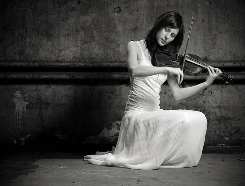 Sweey Melody, black and white, violin, white dress, women, HD wallpaper