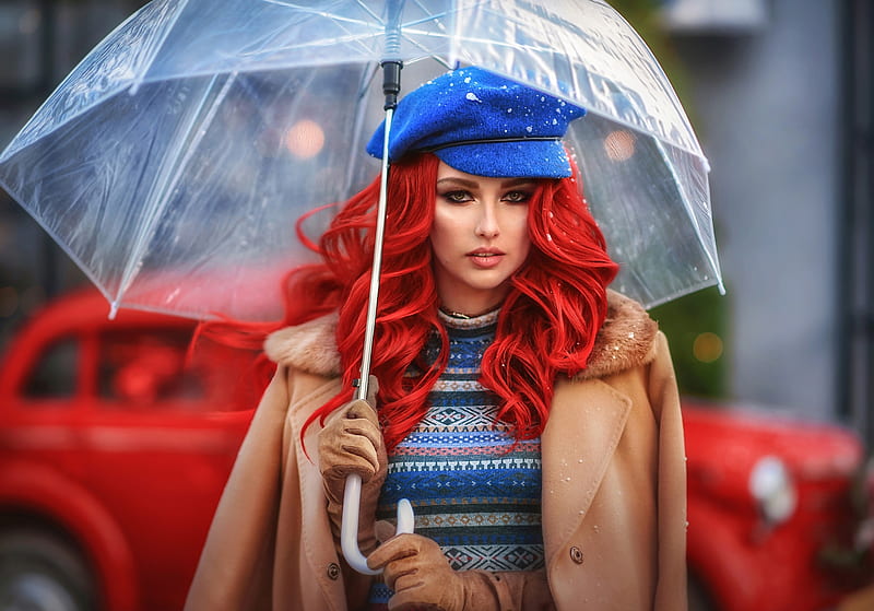 Beauty, redhead, model, girl, umbrella, rain, woman, hat, HD wallpaper