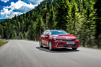 KIA Optima, 2017, Sportswagon, GT Line, wagon, red Optima, road, forest, speed, KIA, HD wallpaper