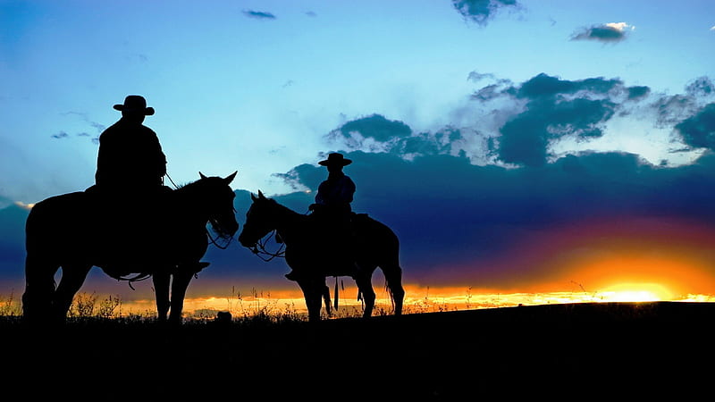 Cowboys Meeting at Sunrise on the Range, Plains, Grass, Sunrise, Range, Blue, Orange, Sky, Horizon, Clouds, Silhoutte, HD wallpaper