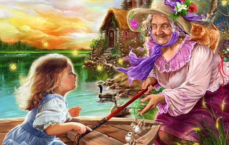 Hello, grand-mother!, old woman, art, little, grand-mother, hat, cute, boat, water, girl, summer, pink, HD wallpaper