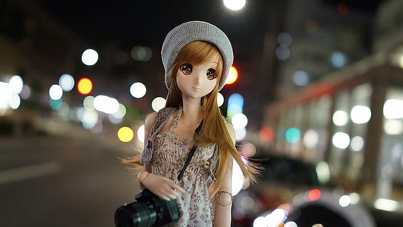 Beautiful Cute Doll With Camera In Colorful Lights Bokeh Background Doll, HD wallpaper