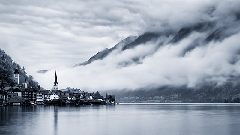 gorgeous lakeside town in grey scale, mountains, town, grey scale, clouds, lake, HD wallpaper