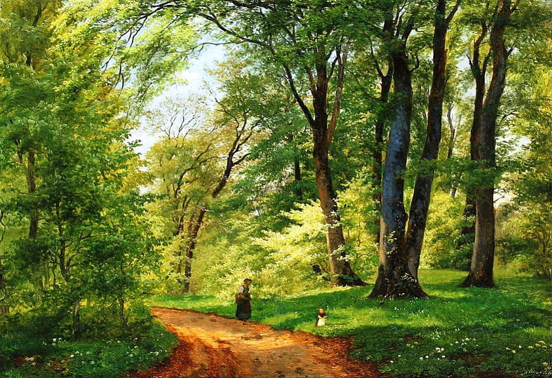 Painting by Axel Schovelin, artist, grass, mother, green, painting, country road, flowers, child, harmony, art, forest, greenery, peace, spring, sky, trees, abstract, painter, sitting, nature, walk, HD wallpaper