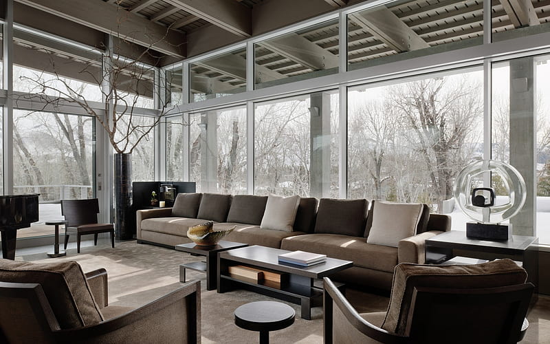 living room, retro interior style, stylish interior design, gray sofa, retro furniture, HD wallpaper