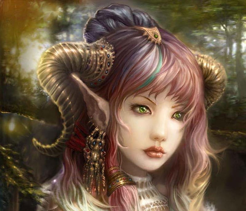 Elf Sister 2, fantasy, sun, elf, jewlery, trees, horns, HD wallpaper