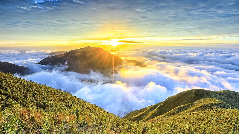 Dawn of the Sun Over White Clouds, dawn, sun, mountains, nature, sunset, clouds, HD wallpaper