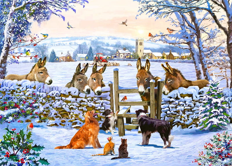 Donkey encounter, winter, animals, art, donkey, houses, joy, yard, countryside, puppies, encounter, snow, village, funny, friends, HD wallpaper