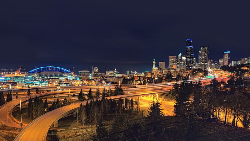 Cities, Night, Cityscape, Seattle, way, HD wallpaper