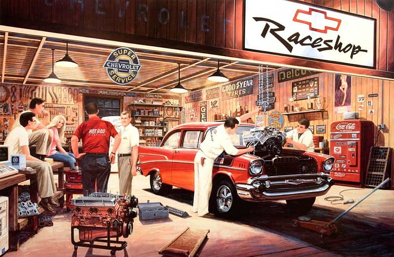 The Chevy Race Shop, carros, engine, chevrolet, coca cola, workshop, HD wallpaper