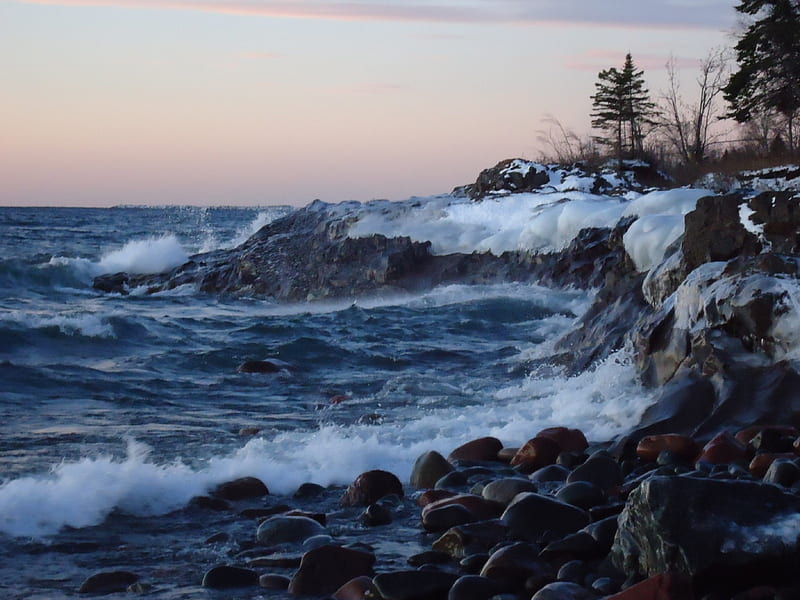 Rocky Coast in Winter, oceans, rocky, nature, coast, winter, HD wallpaper