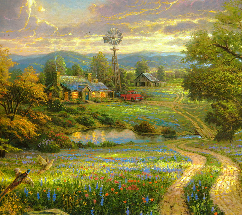 VILLAGE, flower, grass, house, road, sky, tree, HD wallpaper